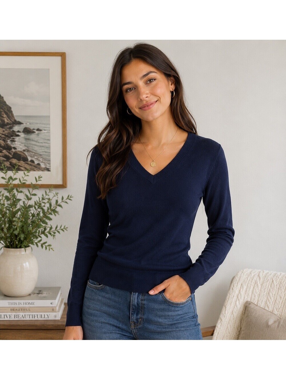 LOFT Navy Blue V-Neck Knit Sweater Women’s M Long Sleeve Preppy Coastal Classic